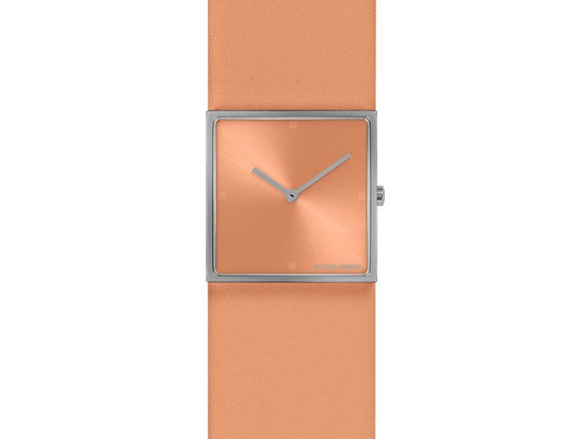 Design Collection Quarz Edelstahl eckig korallefarbenes Zifferblatt korallefarbenes Lederband