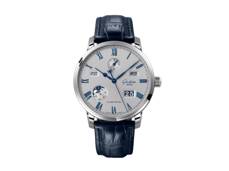 Senator Excellence Ewiger Kalender Automatik Edelstahl 42mm silbergraues Zifferblatt blaues Lederband