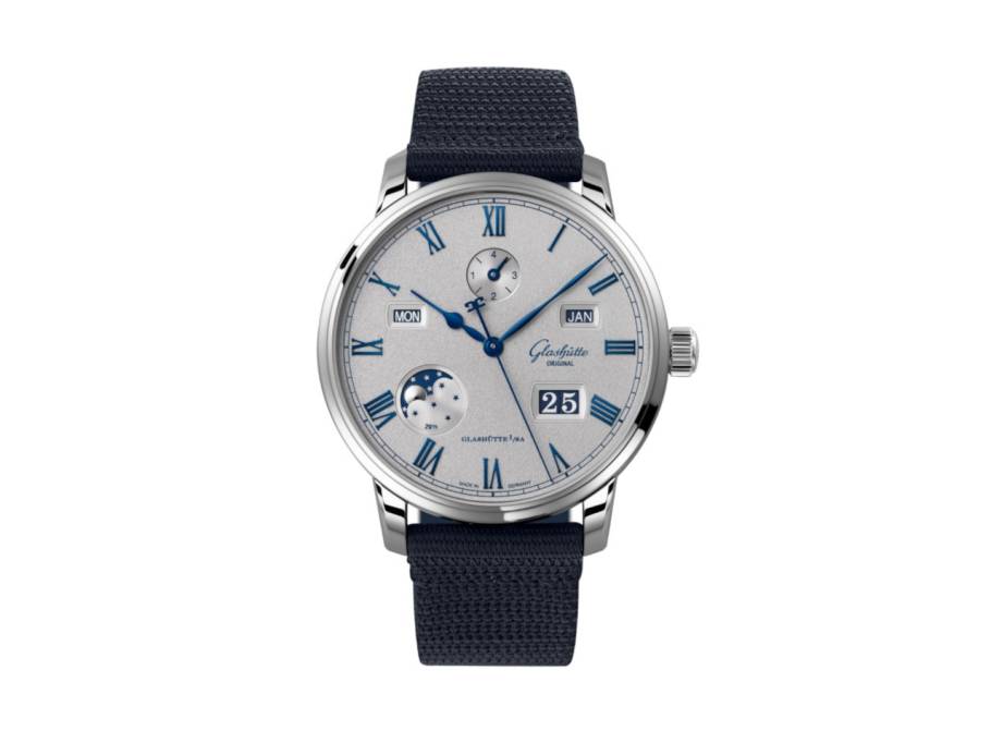 Senator Excellence Ewiger Kalender Automatik Edelstahl 42mm silbergraues Zifferblatt blaues Textilband 