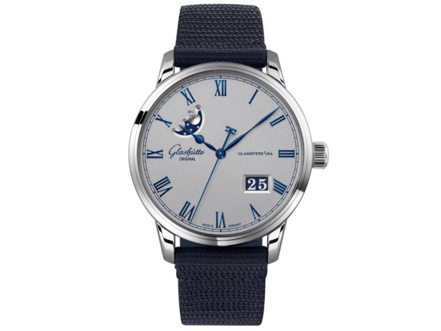 Senator Excellence Panoramadatum Mondphase Automatik Edelstahl 40mm silbernes Zifferblatt blaues Textilband
