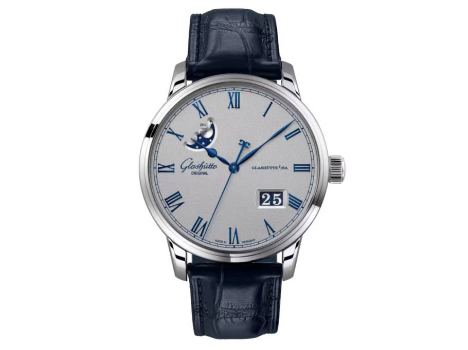 Senator Excellence Panoramadatum Mondphase Automatik Edelstahl 40mm silbernes Zifferblatt blaues Lederband