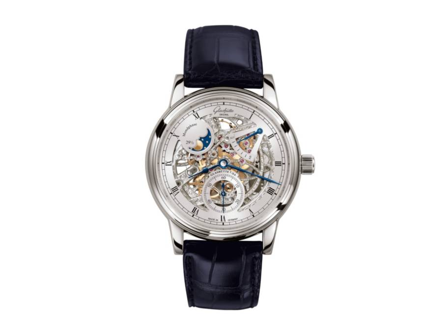 Senator Mondphase Skelettierte Edition Handaufzug Weißgold 42mm silbernes Zifferblatt schwarzes Lederband