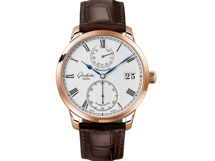 Senator Chronometer Handaufzug Rotgold 42mm silberfarbenes Zifferblatt braunes Lederband