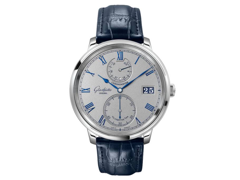 Senator Chronometer Handaufzug Weißgold 42mm silbernes Zifferblatt blaues Lederband