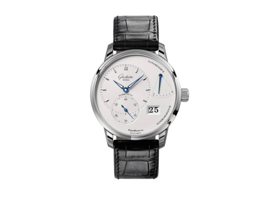 PanoReserve Handaufzug Edelstahl 40mm silbernes Zifferblatt schwarzes Lederband