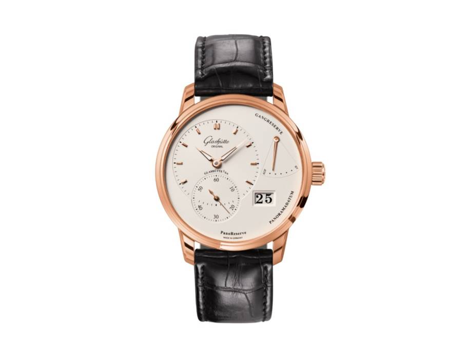 PanoReserve Handaufzug Rotgold 40mm silbernes Zifferblatt schwarzes Lederband