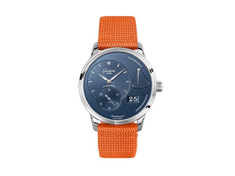 PanoReserve Handaufzug Edelstahl 40mm blaues Zifferblatt oranges Textilband