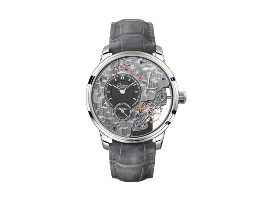 PanoInverse Handaufzug Platin 42mm skelettiertes Zifferblatt graues Lederband Limited Edition