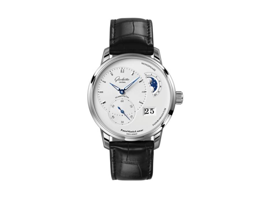 PanoMaticLunar Automatik Edelstahl 40mm silbernes Zifferblatt schwarzes Lederband