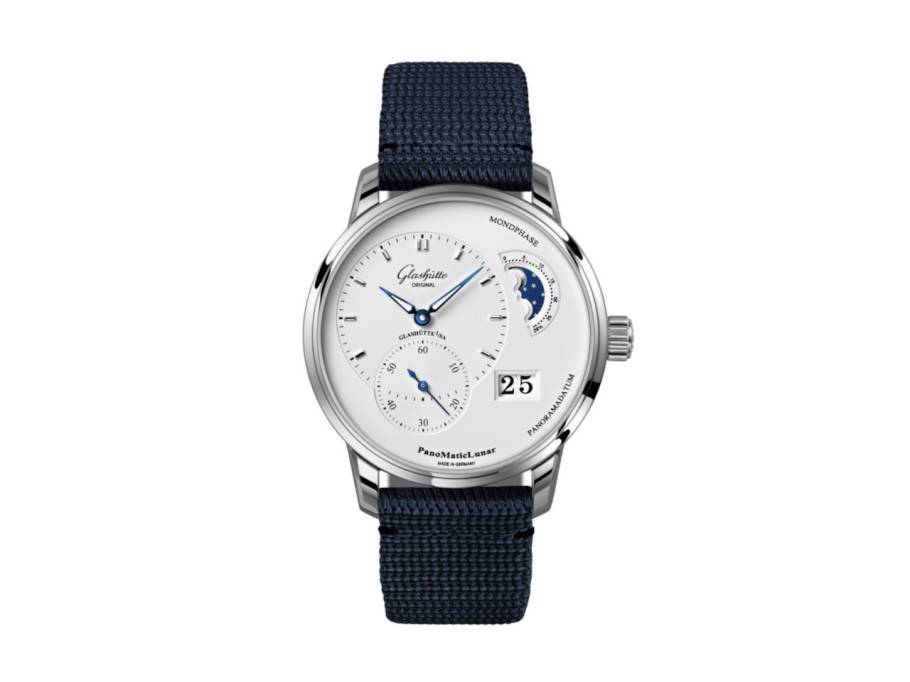 PanoMaticLunar Automatik Edelstahl 40mm silbernes Zifferblatt blaues Textilband