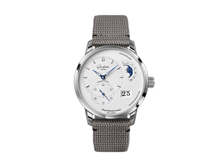 PanoMaticLunar Automatik Edelstahl 40mm silbernes Zifferblatt graues Textilband
