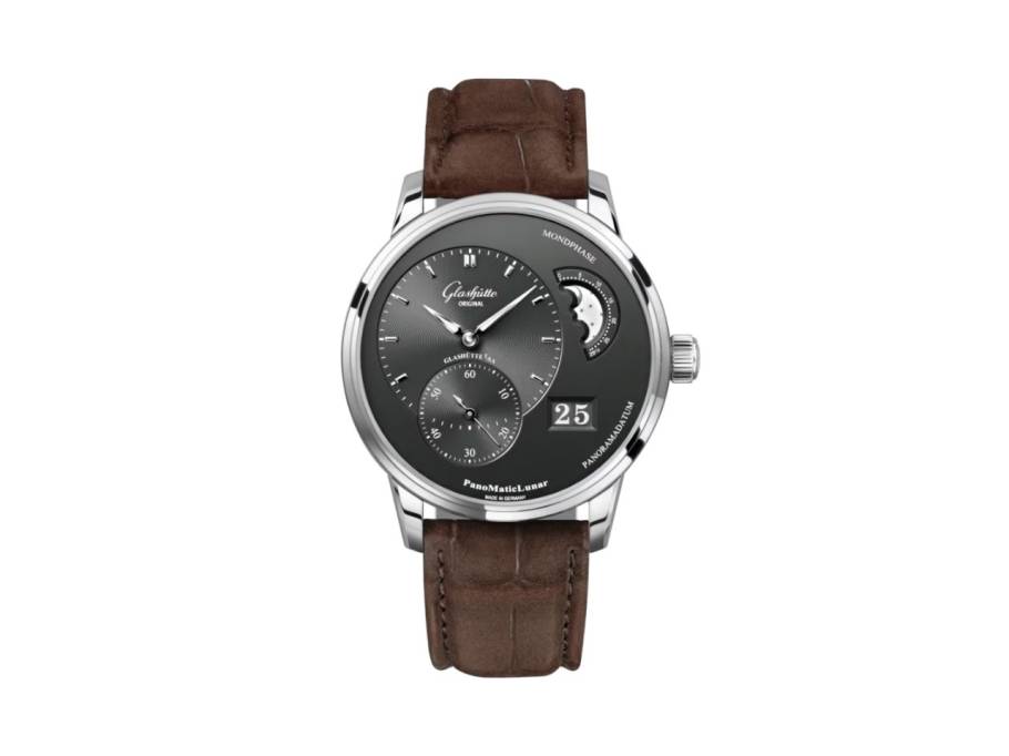 PanoMaticLunar Automatik Edelstahl 40mm graues Zifferblatt braunes Lederband