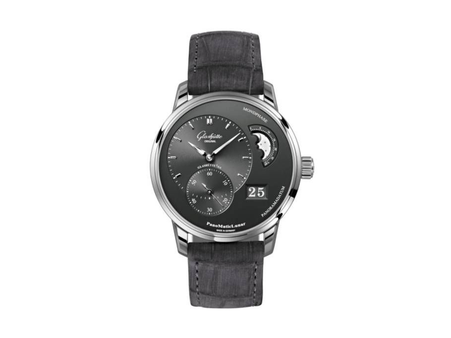 PanoMaticLunar Automatik Edelstahl 40mm graues Zifferblatt graues Lederband