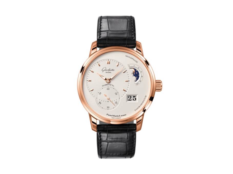 PanoMaticLunar Automatik Rotgold 40mm silbernes Zifferblatt schwarzes Lederband