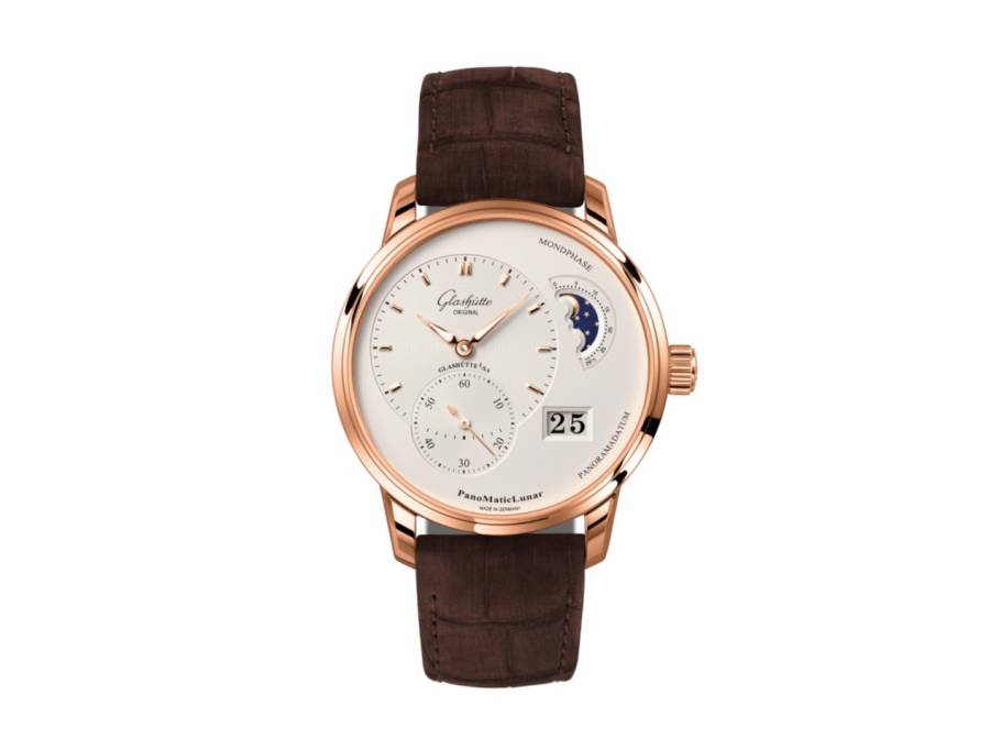 PanoMaticLunar Automatik Rotgold 40mm silbernes Zifferblatt braunes Lederband