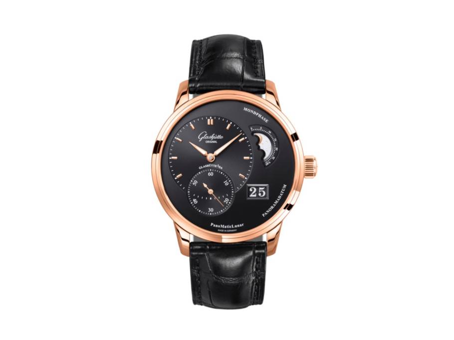 PanoMaticLunar Automatik Rotgold 40mm schwarzes Zifferblatt schwarzes Lederband Dornschließe