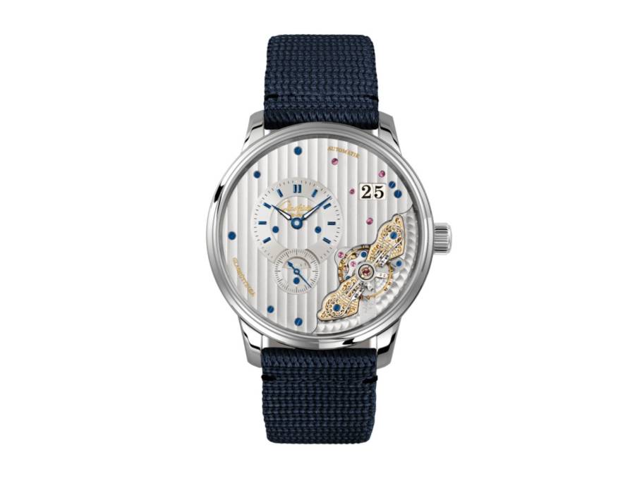 PanoMaticInverse Automatik Edelstahl 42mm silbernes Zifferblatt blaues Textilband