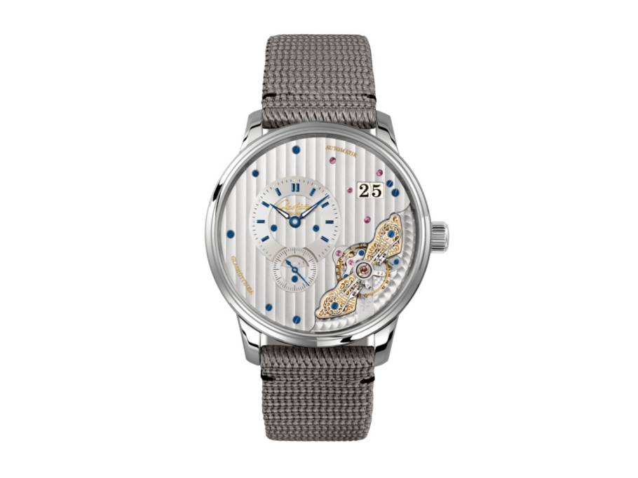 PanoMaticInverse Automatik Edelstahl 42mm silbernes Zifferblatt graues Textilband