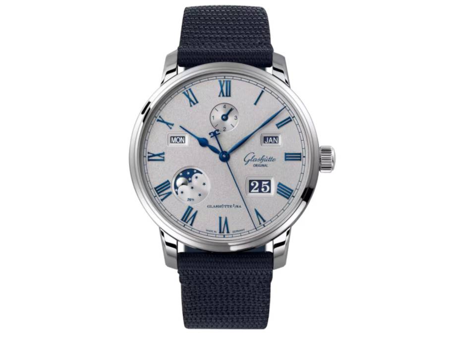 Senator Excellence Ewiger Kalender Automatik Edelstahl 42mm silbernes Zifferblatt blaues Textilband 