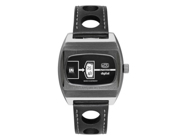 Scheibenuhr Automatik mit springender Stunde Edelstahl 41mm schwarzes Zifferblatt schwarzes Lederband limitiert