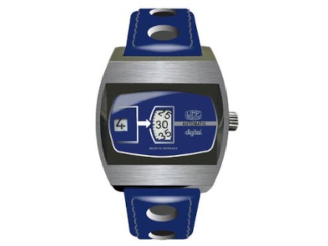 Scheibenuhr Automatik mit springender Stunde Edelstahl 41mm blaues Zifferblatt blaues Lederband limitiert