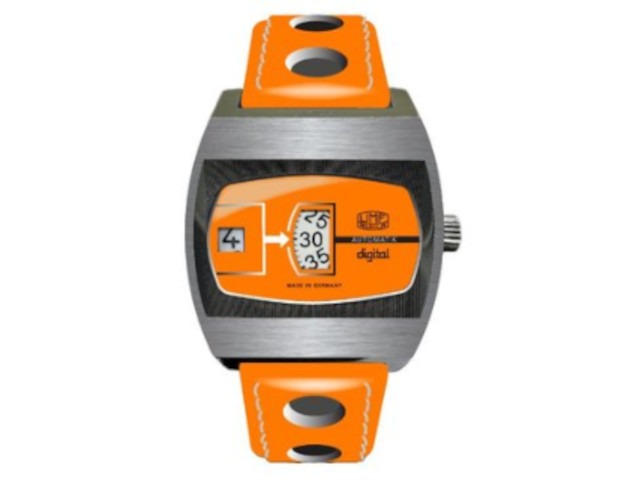 Scheibenuhr Automatik mit springender Stunde Edelstahl 41mm oranges Zifferblatt oranges Lederband limitiert