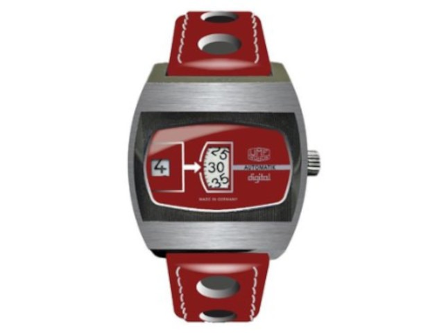 Scheibenuhr Automatik mit springender Stunde Edelstahl 41mm rotes Zifferblatt rotes Lederband limitiert