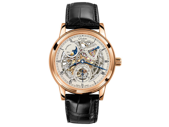 Senator Mondphase Skelettierte Edition Handaufzug Rotgold 42mm silbernes Zifferblatt schwarzes Lederband