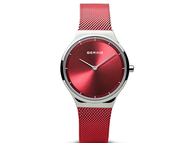12131 Edelstahl Damenuhr rotes Zifferblatt rotes Edelstahlband