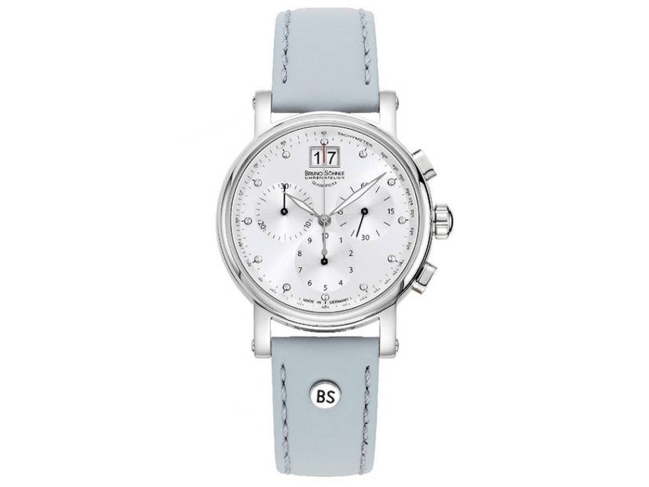 Pesaro Chronograph small Edelstahl silbernes Zifferblatt mit Brillanten hellblaues Lederband