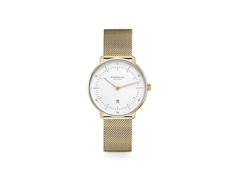 Naos XS Quarz Edelstahl PVD-Gelbgold 33mm weißes Zifferblatt Metallband