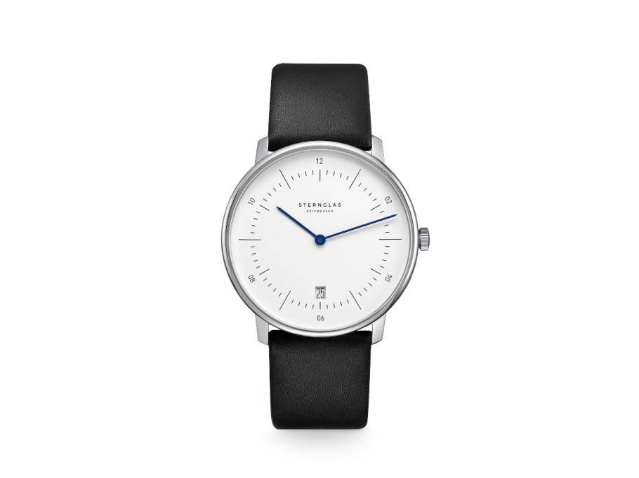 Naos Quarz Edelstahl 38mm weißes Zifferblatt schwarzes Lederband