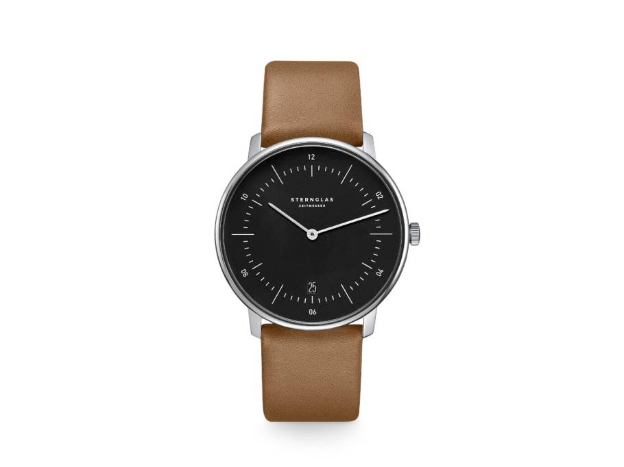 Naos Quarz Edelstahl 38mm schwarzes Zifferblatt braunes Lederband