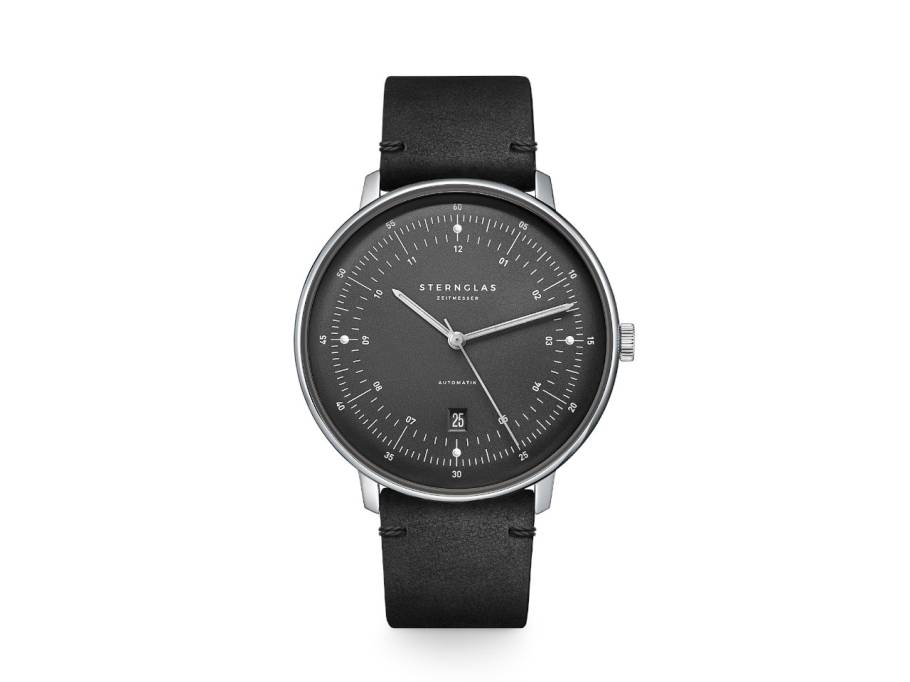 Hamburg Automatik Edelstahl 42mm schwarzes Zifferblatt schwarzes  Lederband