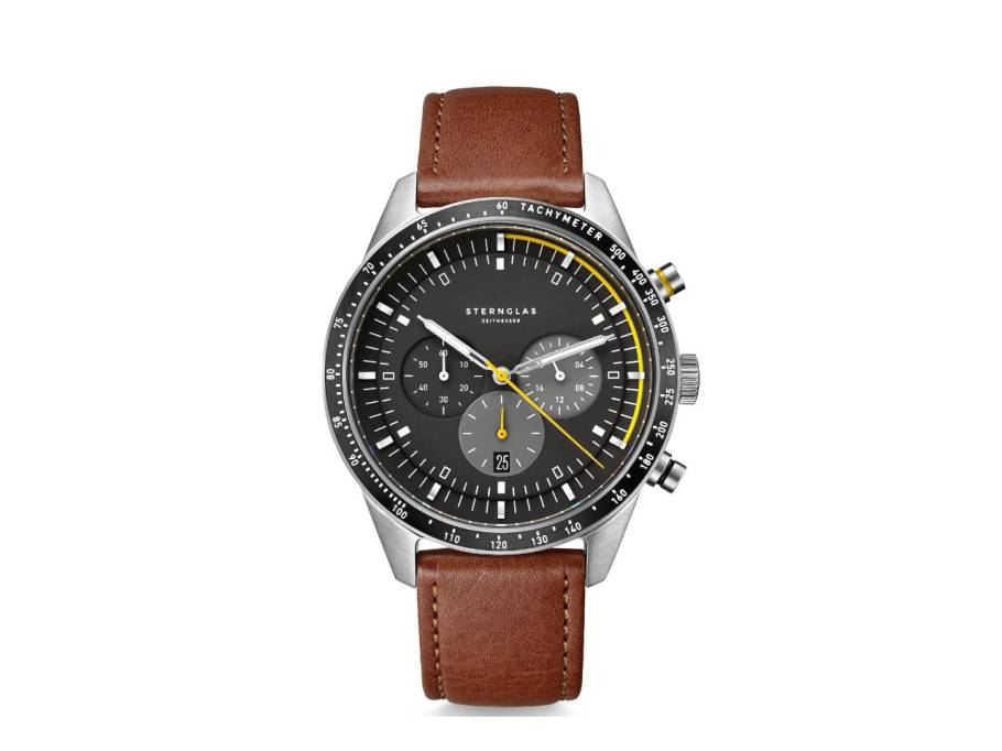 Tachymeter Chronograph Quarz Edelstahl 42mm schwarzes Zifferblatt braunes Lederband