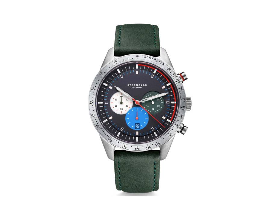 Tachymeter Chronograph Quarz Edelstahl 42mm mehrfarbiges Zifferblatt grünes Lederband