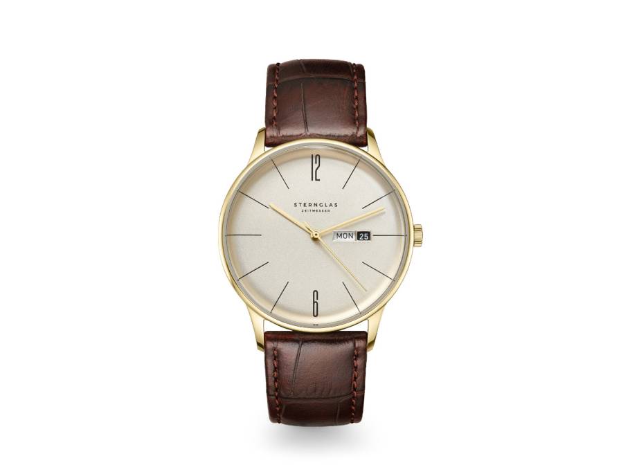 Berlin Quarz Edelstahl Gelbgold-PVD 38mm beiges Zifferblatt braunes Lederband