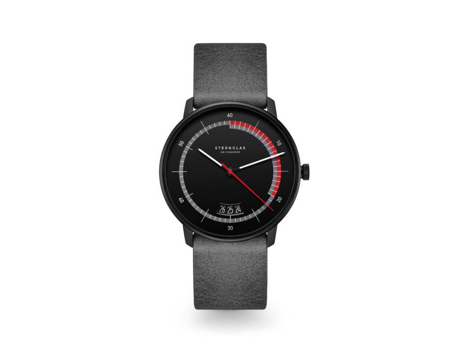 Naos Edition Sport Quarz Edelstahl 38mm schwarzes Zifferblatt graues Lederband