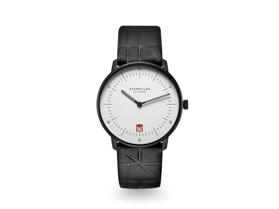 Naos Edition Bauhaus III Quarz Edelstahl Schwarz-PVD 38mm weißes Zifferblatt schwarzes Lederband