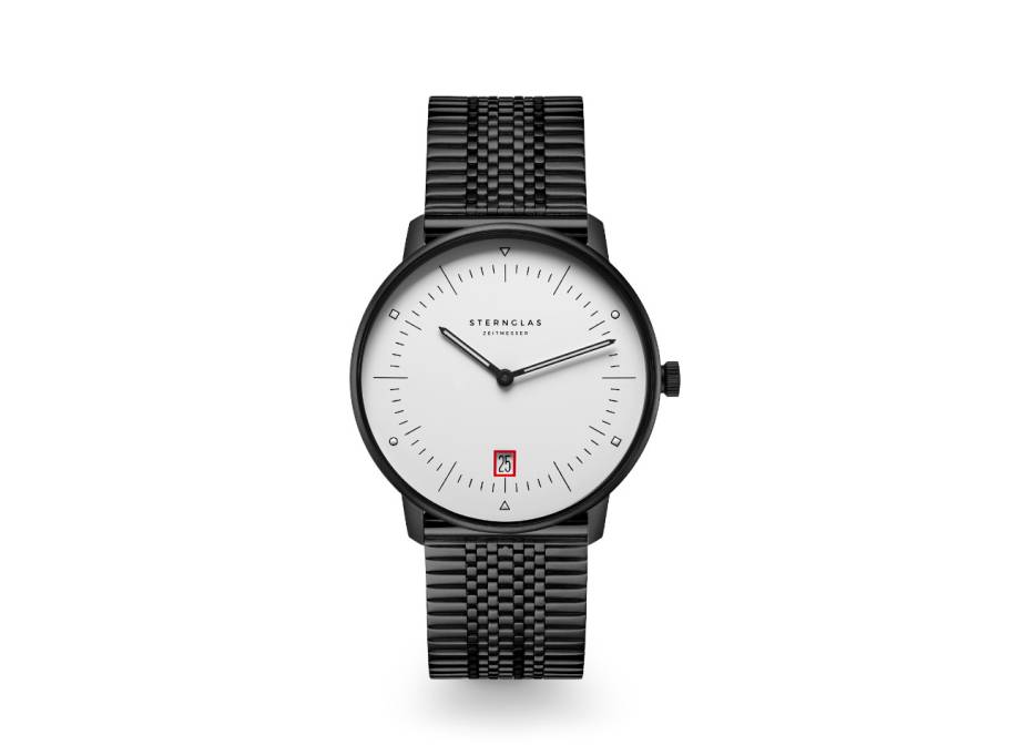 Naos Edition Bauhaus III Quarz Edelstahl Schwarz-PVD 38mm weißes Zifferblatt Metallband