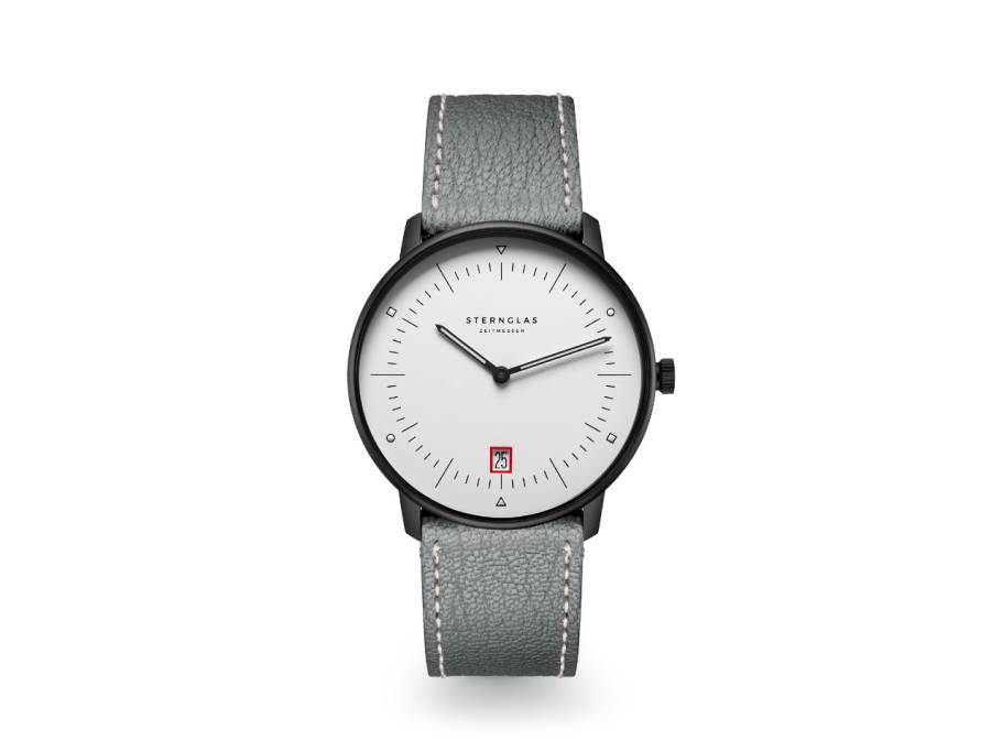 Naos Edition Bauhaus III Quarz Edelstahl Schwarz-PVD 38mm weißes Zifferblatt graues Lederband