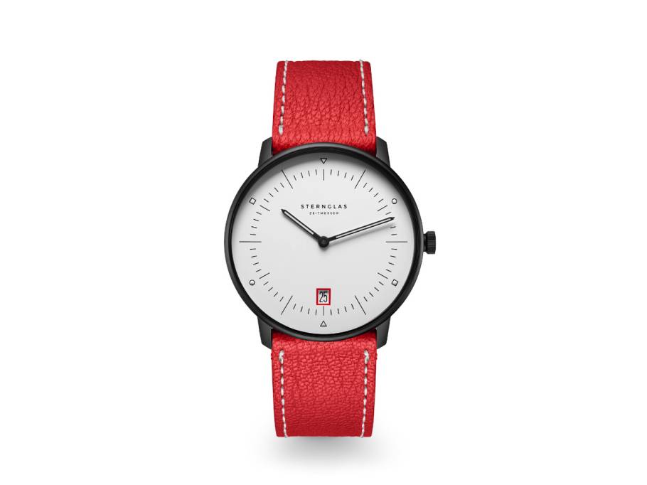 Naos Edition Bauhaus III Quarz Edelstahl Schwarz-PVD 38mm weißes Zifferblatt rotes Lederband