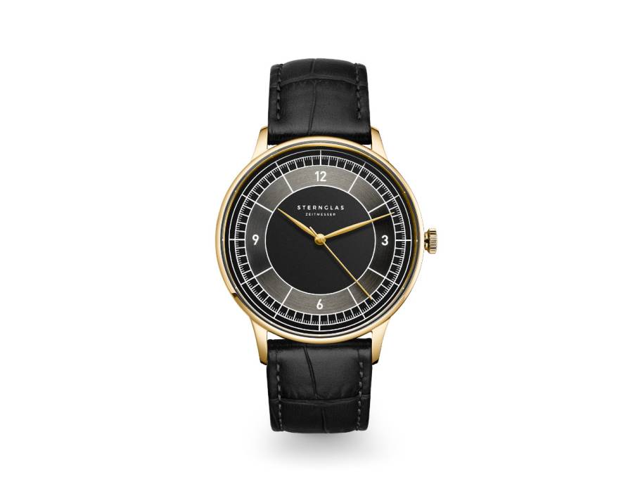 Sedius Quarz Edelstahl PVD-Gelbgold 40mm schwarzes Zifferblatt schwarzes Lederband
