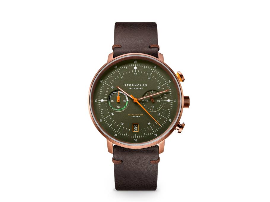 Hamburg Chrono Quarz Edelstahl Bronze-PVD 42mm grünes Zifferblatt braunes Lederband