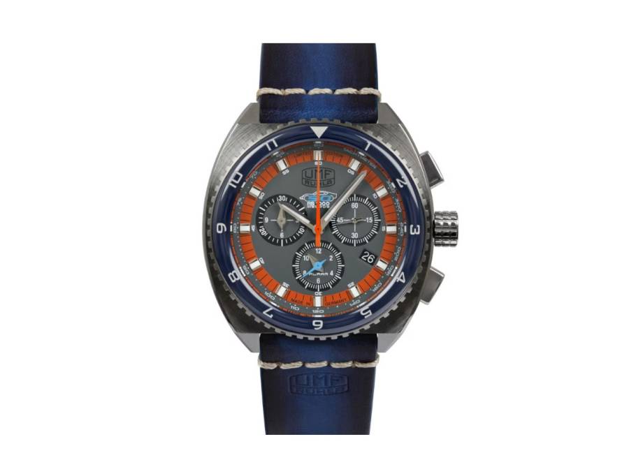 Melkus RS1000 Chronograph Quarz Edelstahl 43mm graues Zifferblatt blaues Lederband limitiert