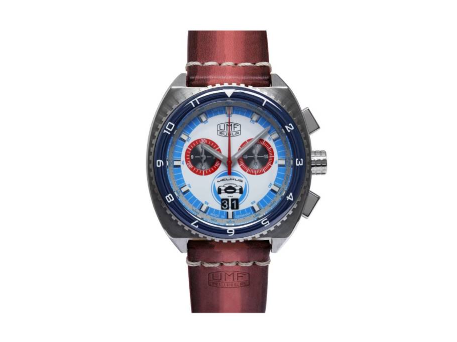 Melkus RS1000 Chronograph Quarz Edelstahl 43mm weißes Zifferblatt rotes Lederband limitiert