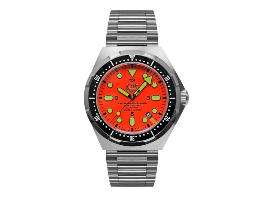 Kampfschwimmeruhr Automatik Edelstahl 43mm orangefarbenes Zifferblatt Metallband limitiert
