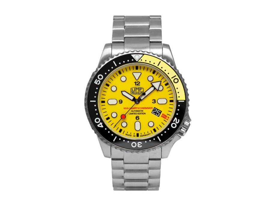 Taucheruhr Automatik Edelstahl 44mm gelbes Zifferblatt Metallband limitiert