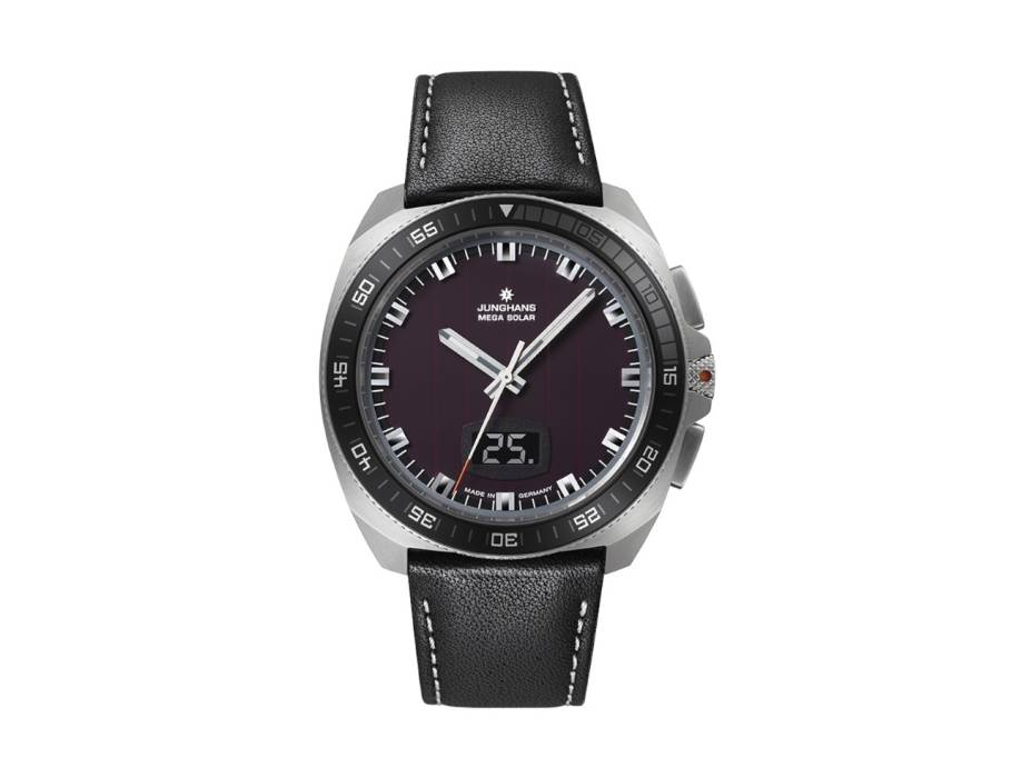 1972 Mega Solar Chronograph Funkuhr Edelstahl 43mm schwarzes Zifferblatt schwarzes Lederband