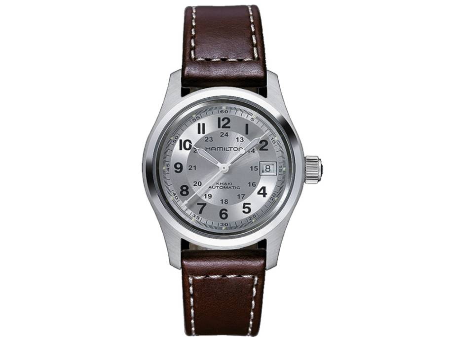 Khaki Field Auto Edelstahl 38mm silbernes Zifferblatt braunes Lederband